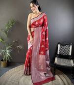 maroon soft silk blend floral motifs banarasi saree