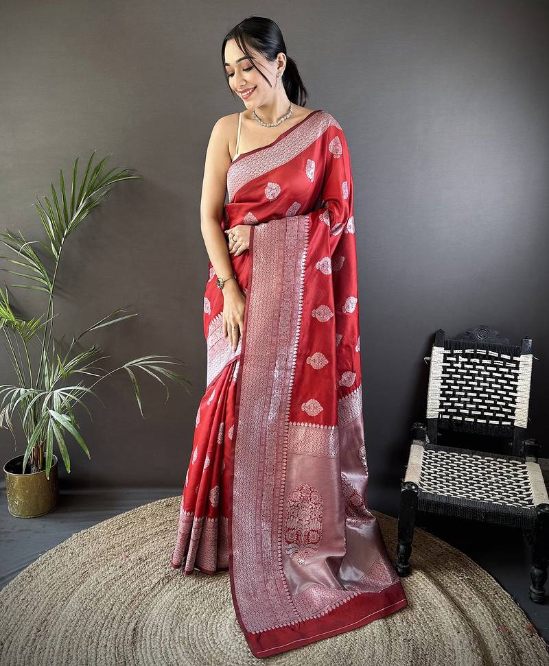 maroon soft silk blend floral motifs banarasi saree