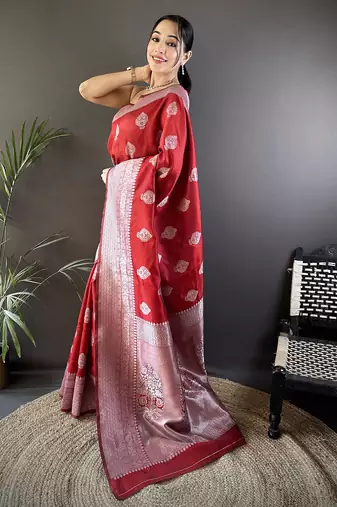 maroon soft silk blend floral motifs banarasi saree