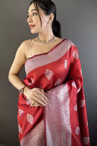 maroon soft silk blend floral motifs banarasi saree