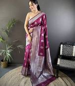 magenta soft silk blend floral motifs banarasi saree