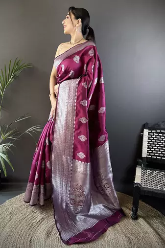 magenta soft silk blend floral motifs banarasi saree