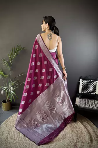 magenta soft silk blend floral motifs banarasi saree
