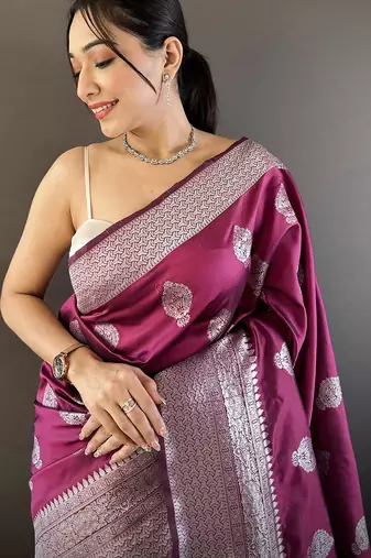 magenta soft silk blend floral motifs banarasi saree