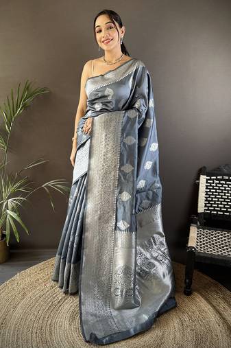grey soft silk blend floral motifs banarasi saree