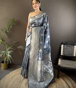 grey soft silk blend floral motifs banarasi saree