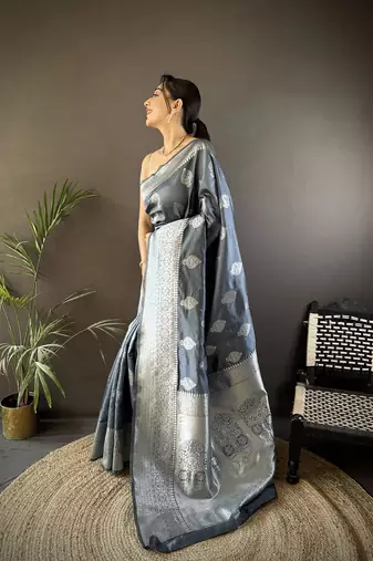 grey soft silk blend floral motifs banarasi saree