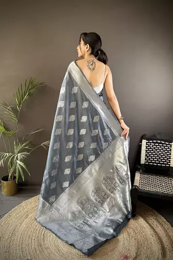 grey soft silk blend floral motifs banarasi saree