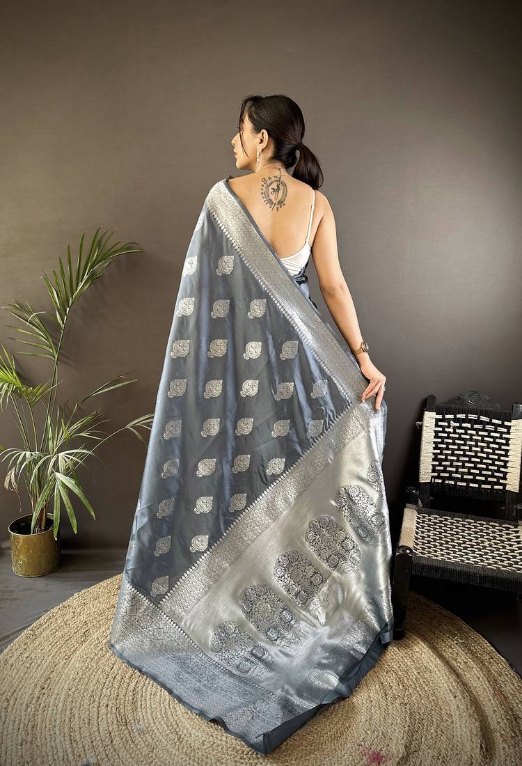 grey soft silk blend floral motifs banarasi saree