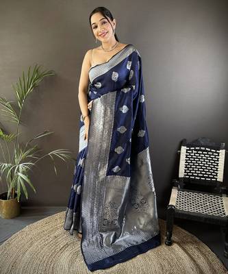navy blue soft silk blend floral motifs banarasi saree 1