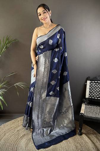 navy blue soft silk blend floral motifs banarasi saree