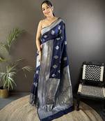 navy blue soft silk blend floral motifs banarasi saree