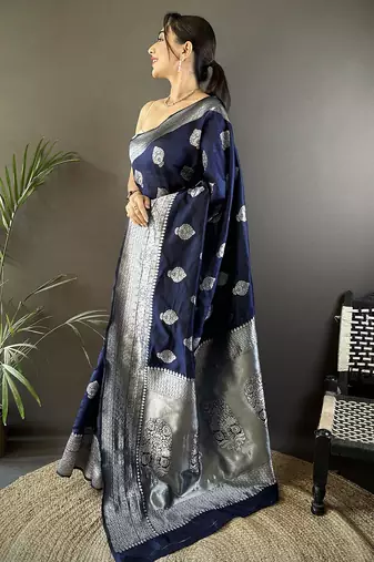 navy blue soft silk blend floral motifs banarasi saree