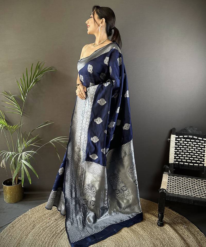 navy blue soft silk blend floral motifs banarasi saree