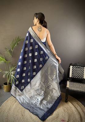 navy blue soft silk blend floral motifs banarasi saree 3
