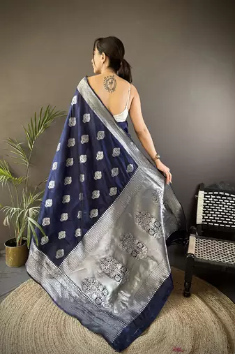 navy blue soft silk blend floral motifs banarasi saree