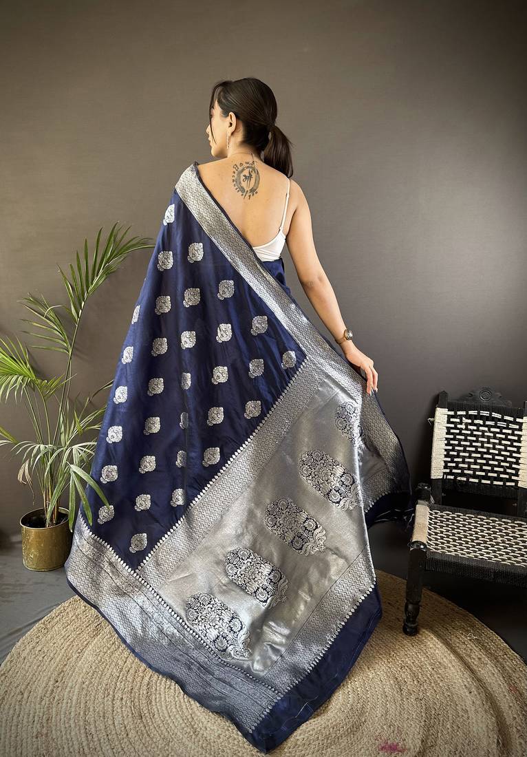 navy blue soft silk blend floral motifs banarasi saree