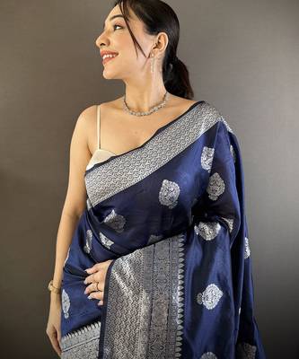 navy blue soft silk blend floral motifs banarasi saree 4