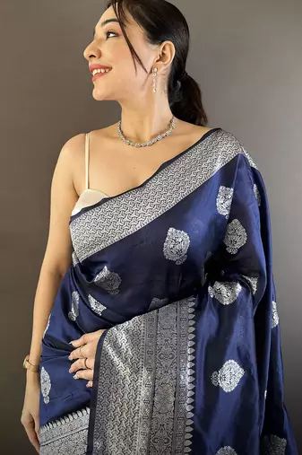navy blue soft silk blend floral motifs banarasi saree