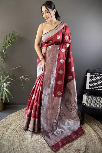 maroon soft silk blend floral motifs banarasi saree