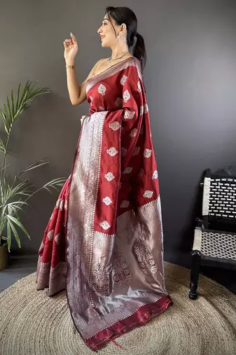 maroon soft silk blend floral motifs banarasi saree