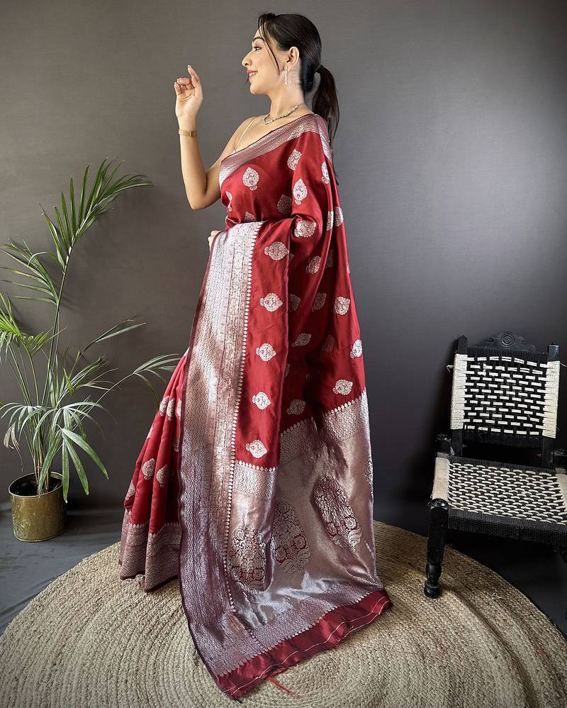 maroon soft silk blend floral motifs banarasi saree
