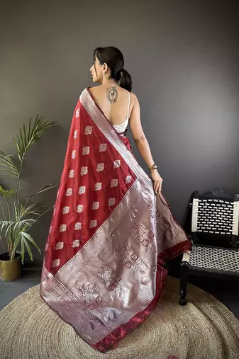 maroon soft silk blend floral motifs banarasi saree