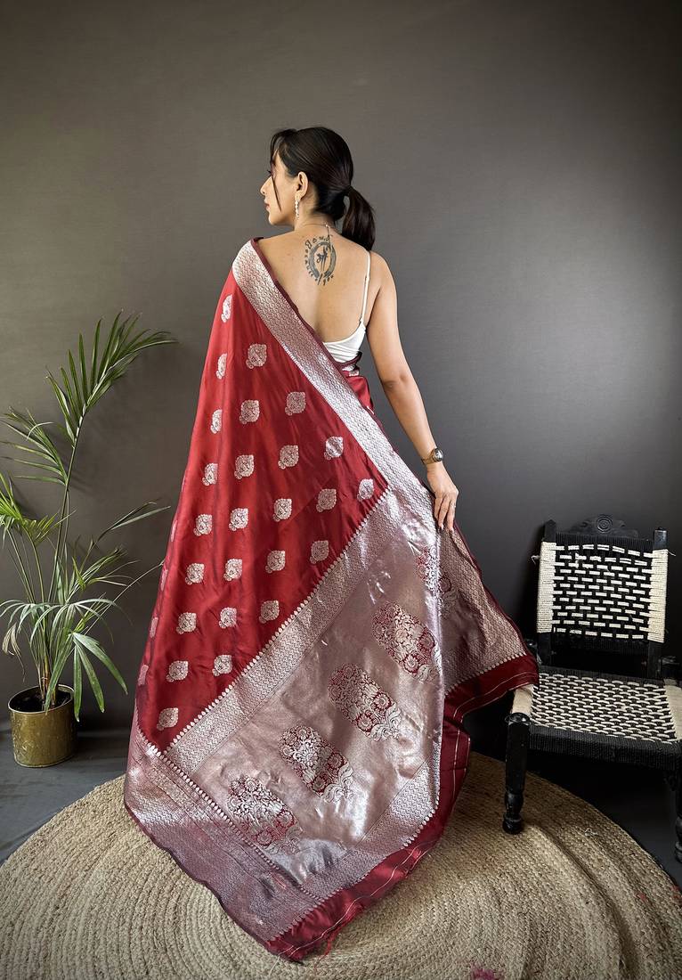 maroon soft silk blend floral motifs banarasi saree