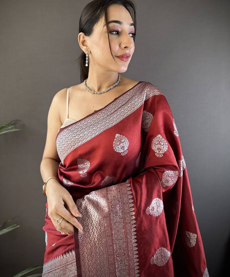 maroon soft silk blend floral motifs banarasi saree