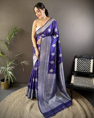 royal blue soft silk blend floral motifs banarasi saree 1