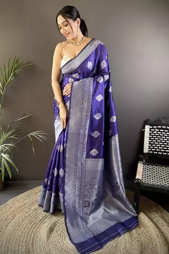 royal blue soft silk blend floral motifs banarasi saree