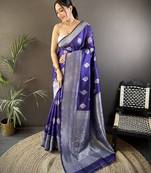 royal blue soft silk blend floral motifs banarasi saree