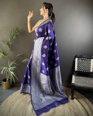 royal blue soft silk blend floral motifs banarasi saree 2