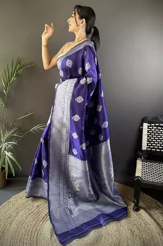royal blue soft silk blend floral motifs banarasi saree