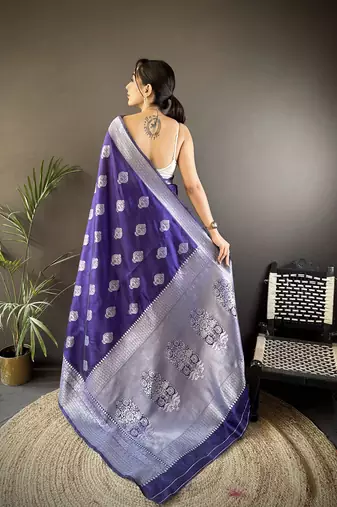 royal blue soft silk blend floral motifs banarasi saree