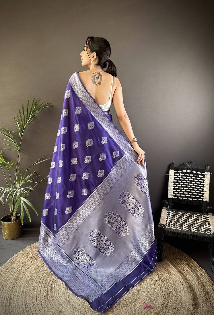 royal blue soft silk blend floral motifs banarasi saree