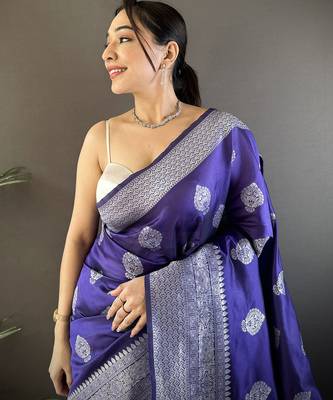 royal blue soft silk blend floral motifs banarasi saree 4