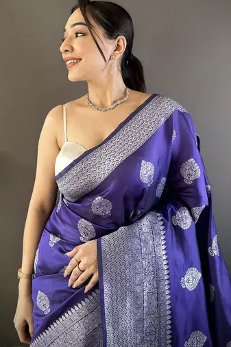 royal blue soft silk blend floral motifs banarasi saree