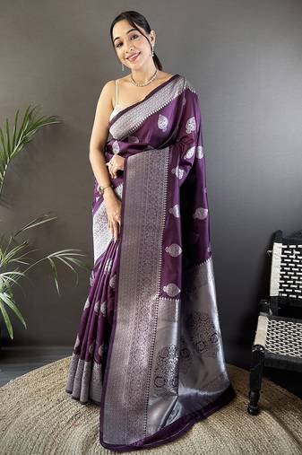 wine soft silk blend floral motifs banarasi saree
