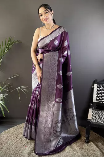 wine soft silk blend floral motifs banarasi saree