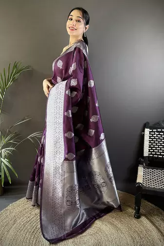 wine soft silk blend floral motifs banarasi saree