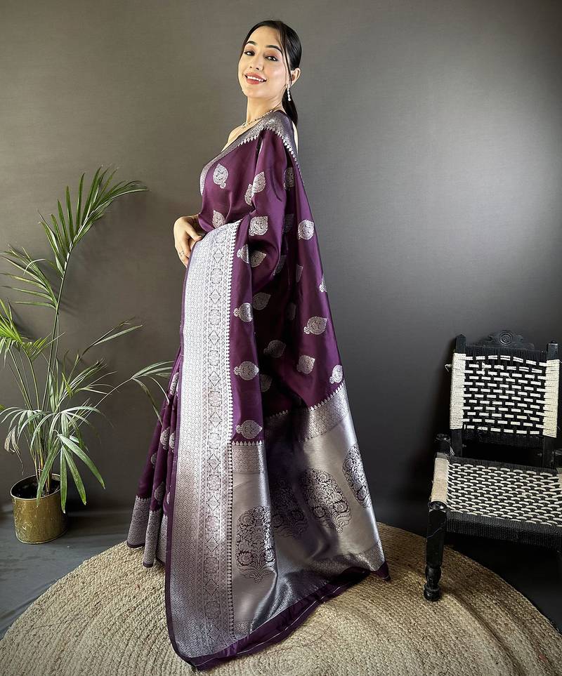 wine soft silk blend floral motifs banarasi saree