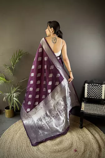 wine soft silk blend floral motifs banarasi saree