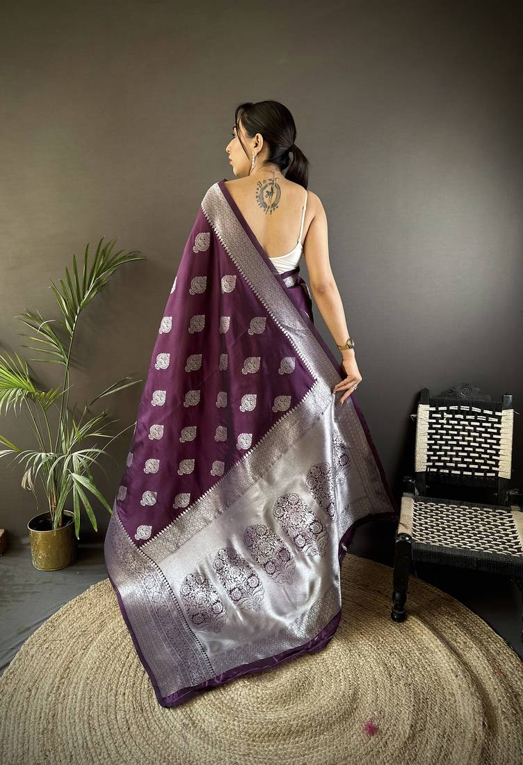 wine soft silk blend floral motifs banarasi saree