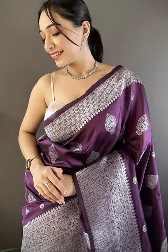 wine soft silk blend floral motifs banarasi saree