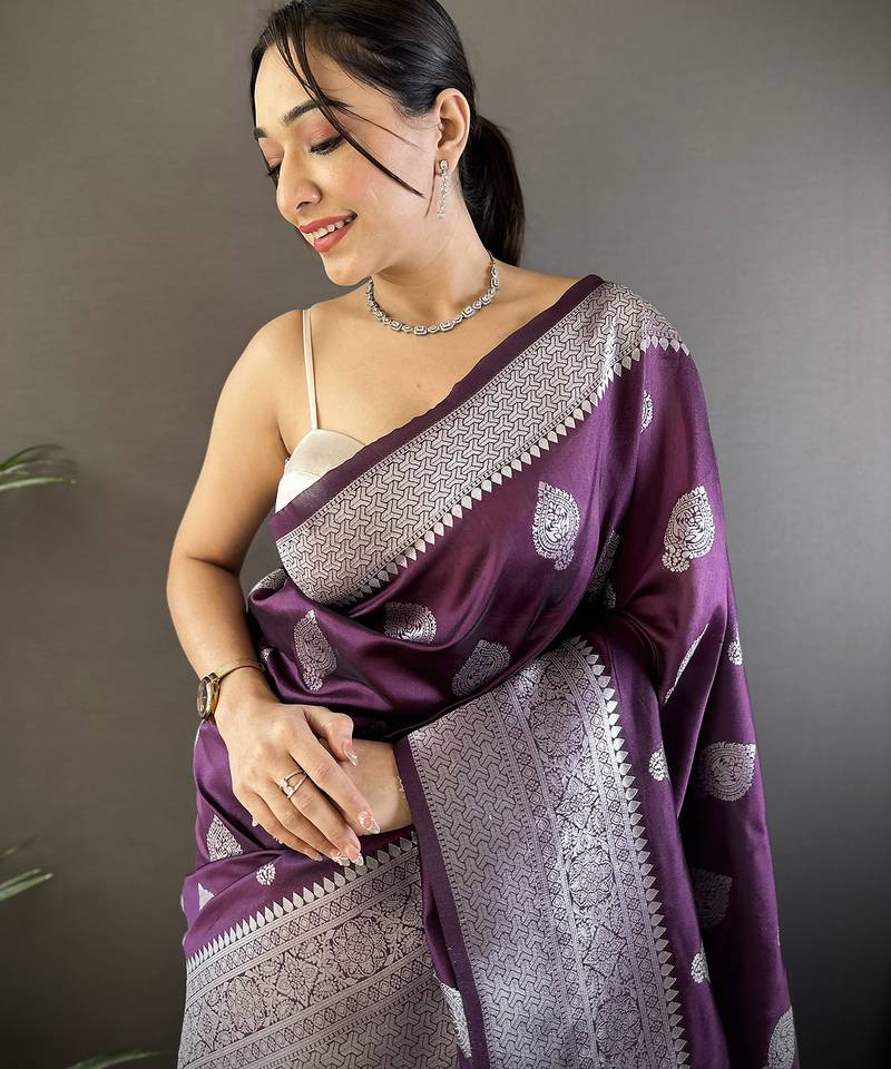 wine soft silk blend floral motifs banarasi saree