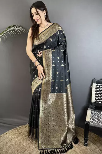 black lichi silk blend zari weaving motif banarasi saree
