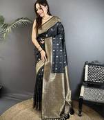 black lichi silk blend zari weaving motif banarasi saree