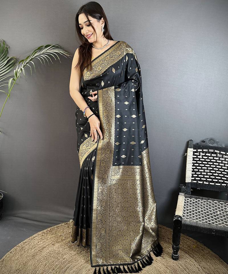 black lichi silk blend zari weaving motif banarasi saree