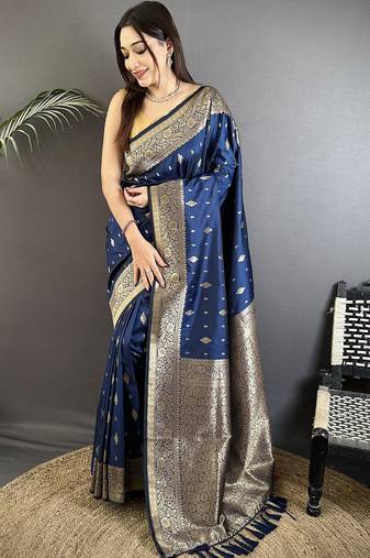 navy blue lichi silk blend zari weaving motif banarasi saree